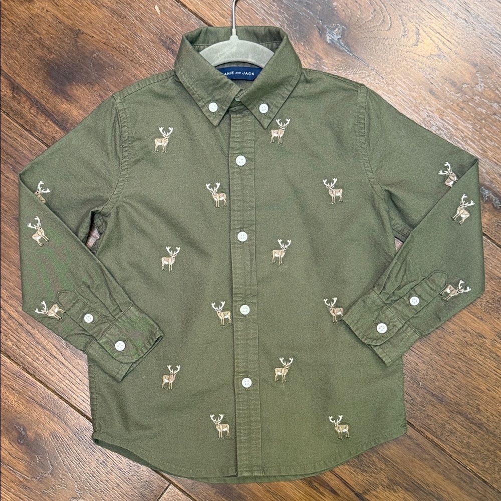Janie and Jack - Boys Olive Green Night Reindeer Button-Down Shirt - Size: 3Y